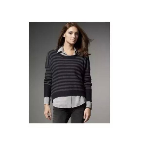 Vince Merino Camel Blend Sweater Large Navy Grey Stripe Pullover Size Medium - Picture 2 of 12